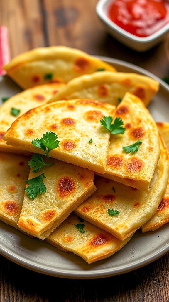 Crispy garlic bread tortillas on a plate, garnished with parsley, served with marinara sauce.